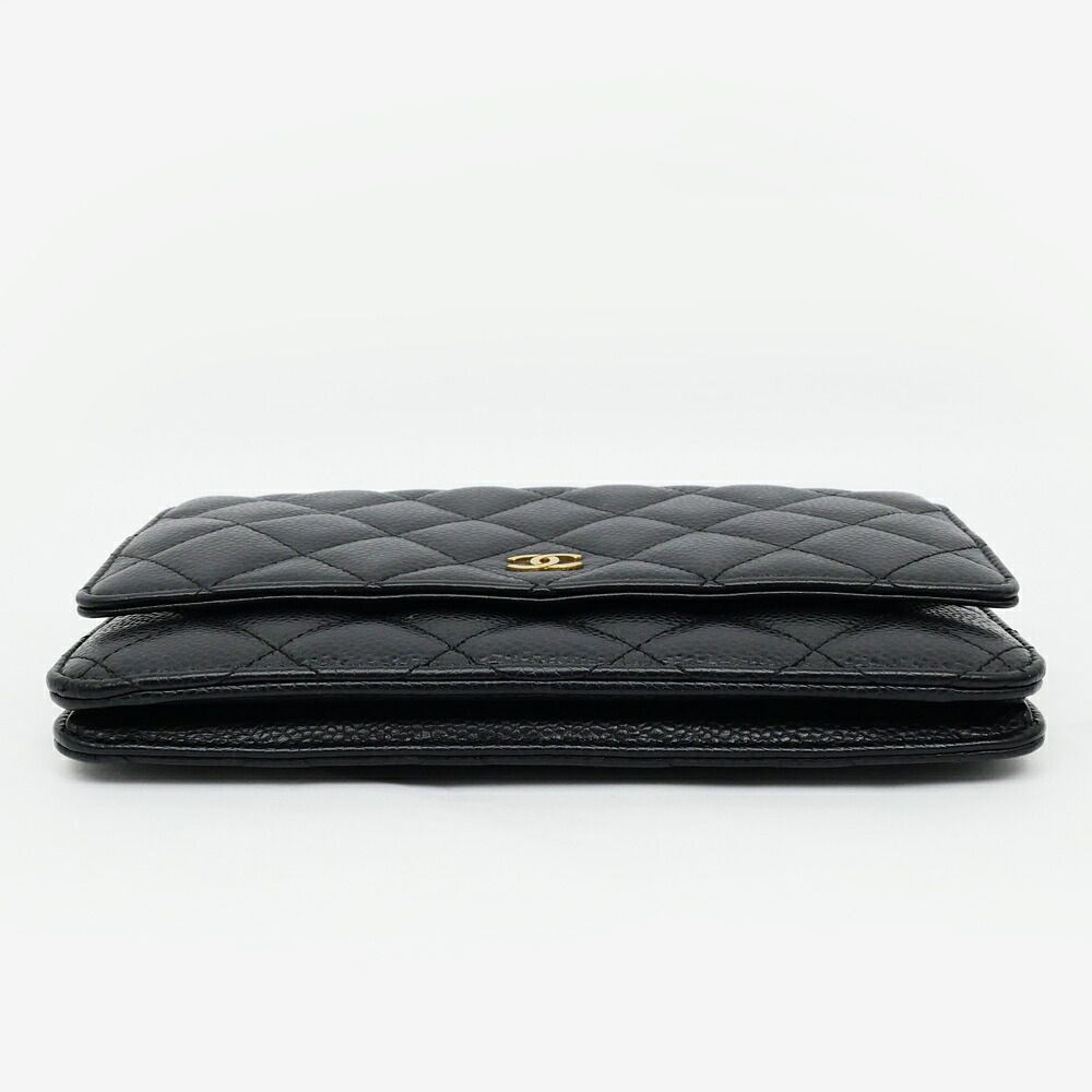 Chanel Quilted Chain Wallet Black Gold Caviar Leather Shoulder Bag — view 3