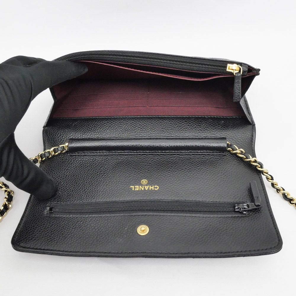 Chanel Quilted Chain Wallet Black Gold Caviar Leather Shoulder Bag — view 5