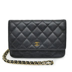 Chanel Quilted Chain Wallet Black Gold Caviar Leather Shoulder Bag
