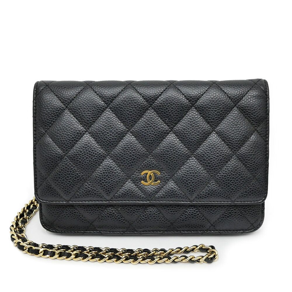 Chanel Quilted Chain Wallet Black Gold Caviar Leather Shoulder Bag