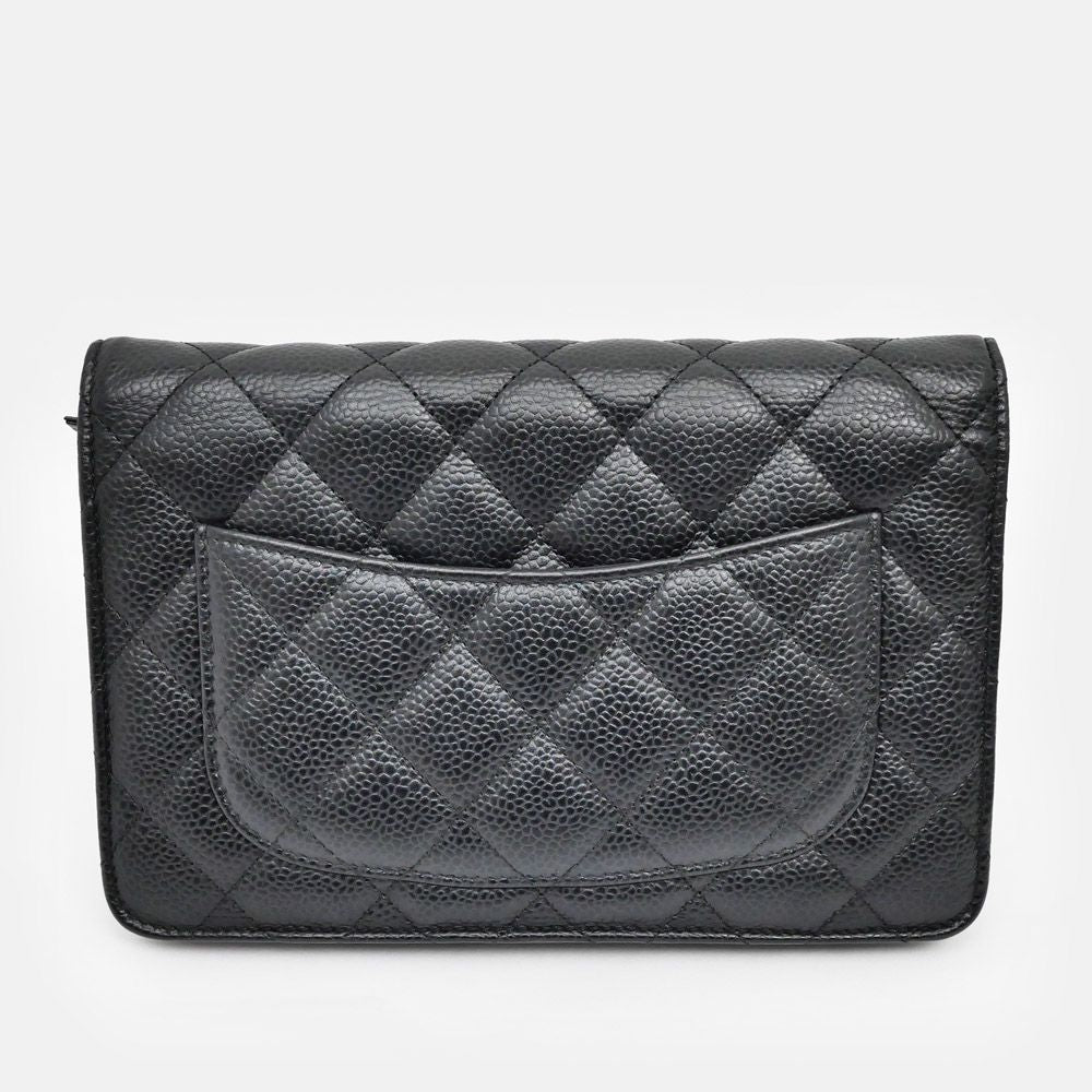 Chanel Quilted Chain Wallet Black Gold Caviar Leather Shoulder Bag — view 8