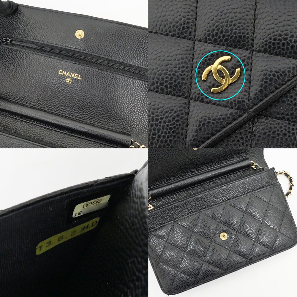 Chanel Quilted Chain Wallet Black Gold Caviar Leather Shoulder Bag — view 6