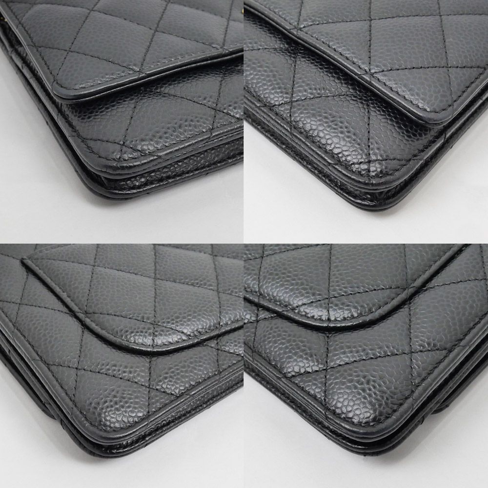 Chanel Quilted Chain Wallet Black Gold Caviar Leather Shoulder Bag — view 4