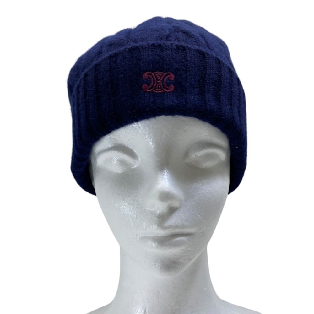 Celine Macadam Knit Cap Beanie Hat Cashmere Navy TU