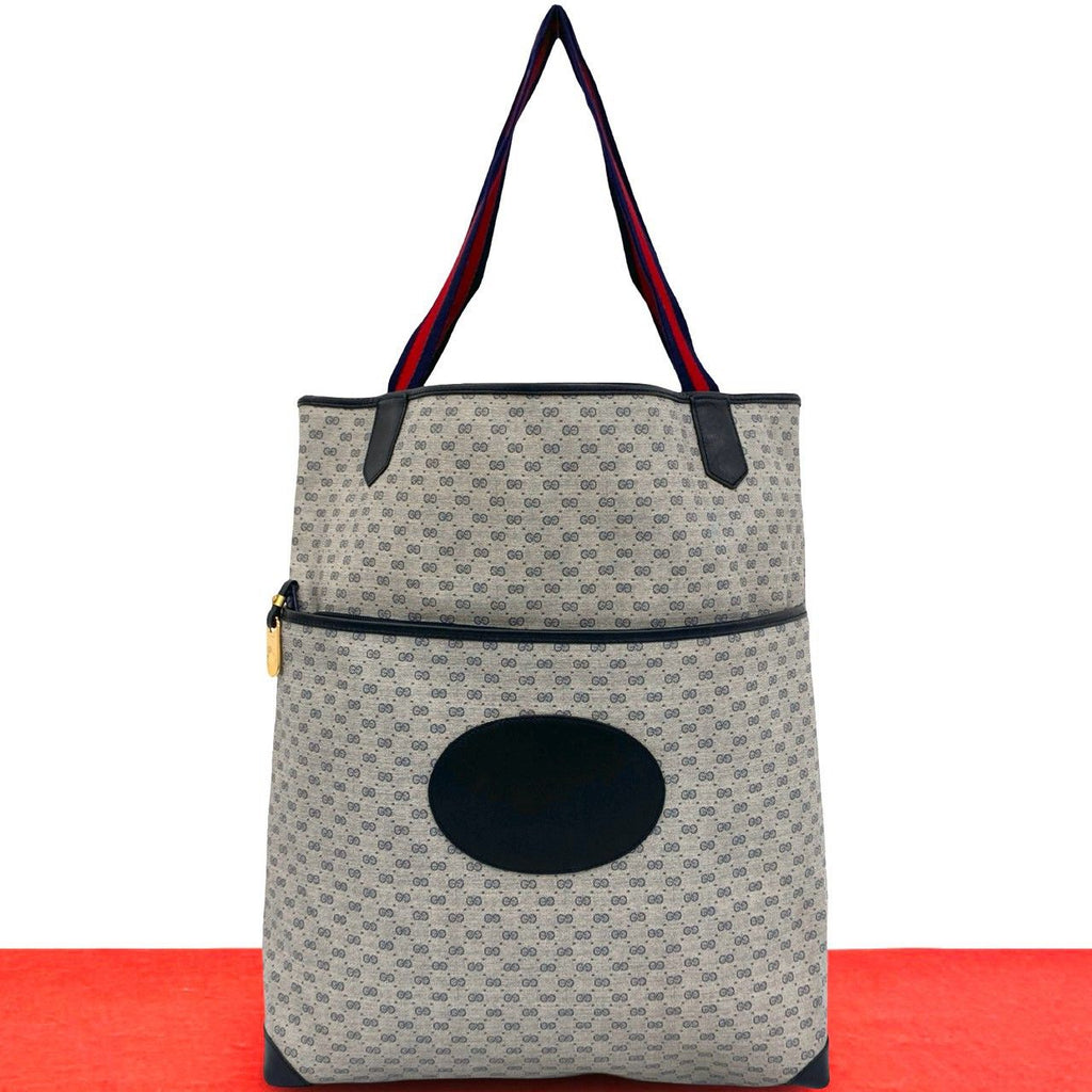Gucci Vintage Sherry Line Micro GG Pattern Logo Leather Tote Bag Navy