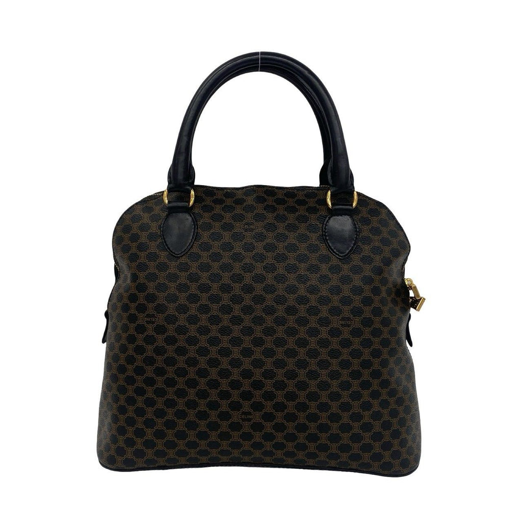 Celine Vintage Macadam Blason Pattern Leather Round Zip Tote Bag Black Brown — view 3