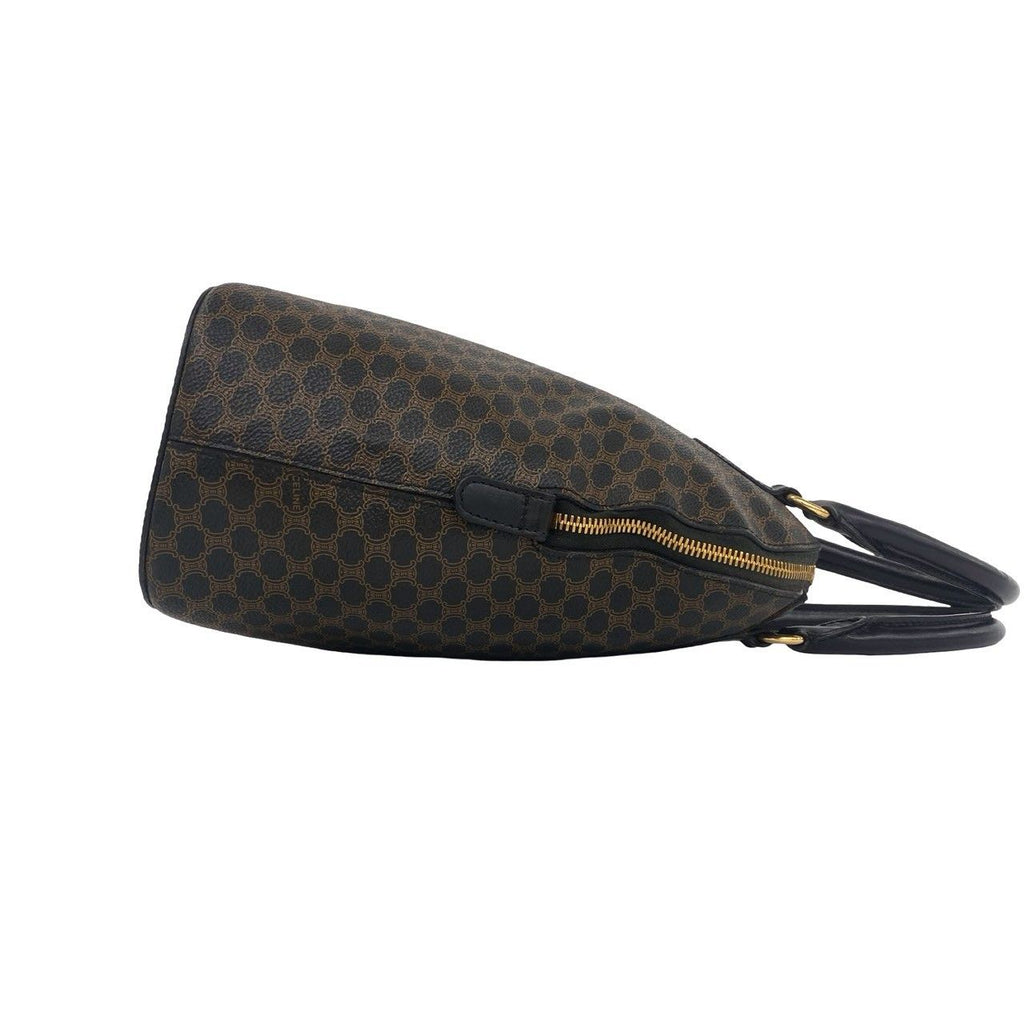 Celine Vintage Macadam Blason Pattern Leather Round Zip Tote Bag Black Brown — view 6