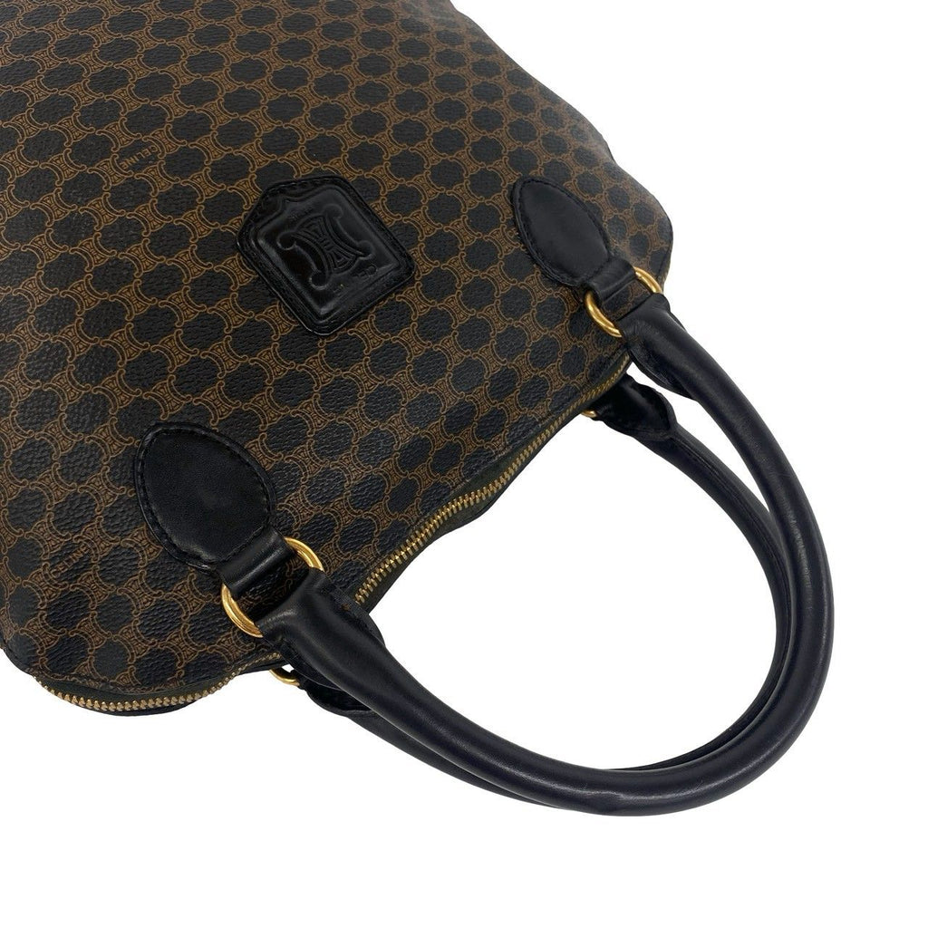 Celine Vintage Macadam Blason Pattern Leather Round Zip Tote Bag Black Brown — view 4