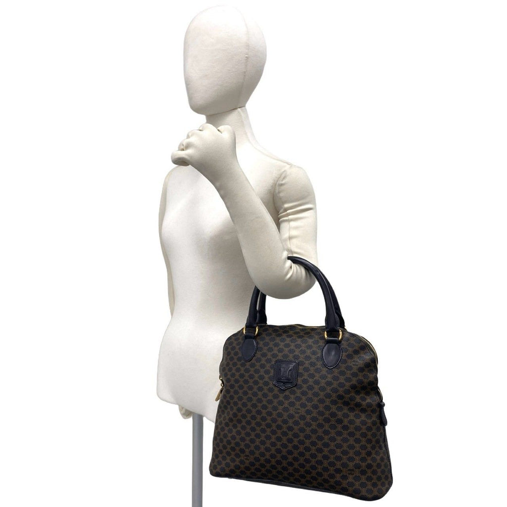 Celine Vintage Macadam Blason Pattern Leather Round Zip Tote Bag Black Brown — view 2