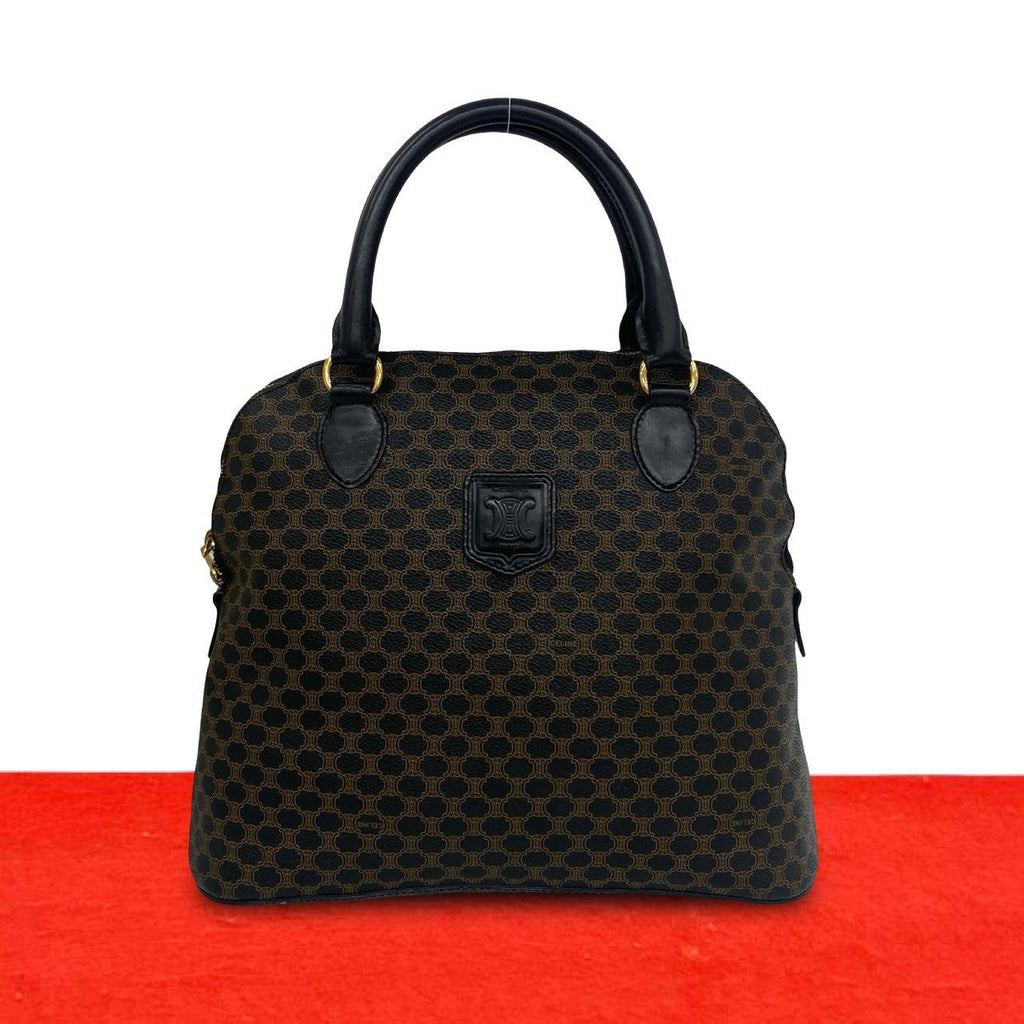 Celine Vintage Macadam Blason Pattern Leather Round Zip Tote Bag Black Brown