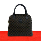 Celine Vintage Macadam Blason Pattern Leather Round Zip Tote Bag Black Brown