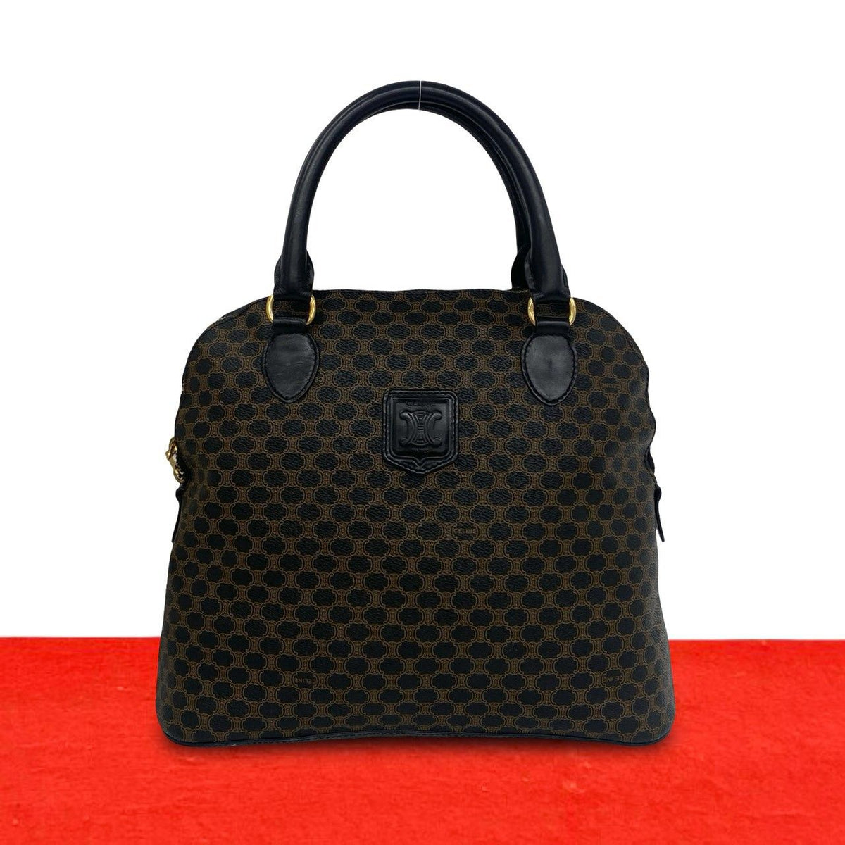 Celine Vintage Macadam Blason Pattern Leather Round Zip Tote Bag Black Brown