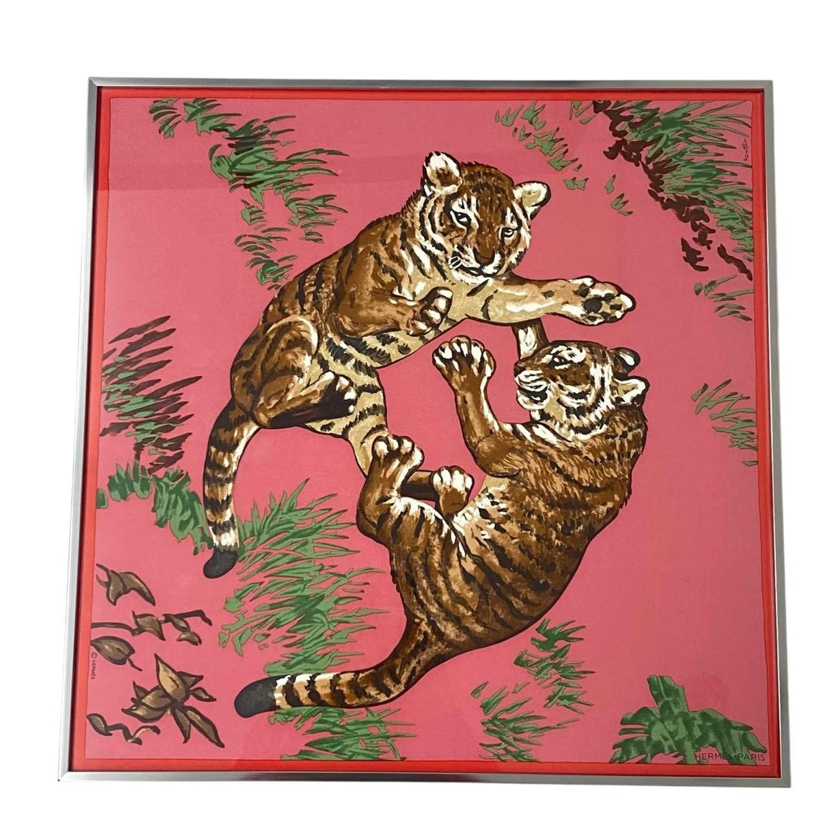 Hermes Silk Scarf les Tigreaux Gavroche Pink Tiger Cub Framed
