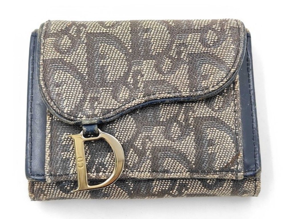 Dior Trifold Wallet Trotter Saddle Lotus Navy Canvas Leather Gold
