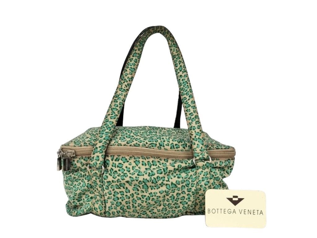 Bottega Veneta Tote Bag Green Canvas Leopard Print