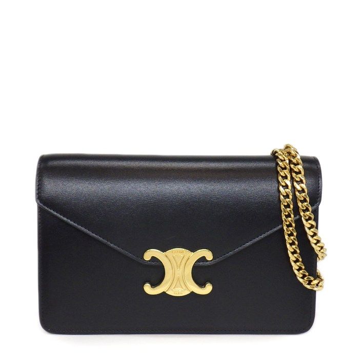 Celine Shoulder Bag Chain Wallet Margo Black Shiny Calfskin Gold