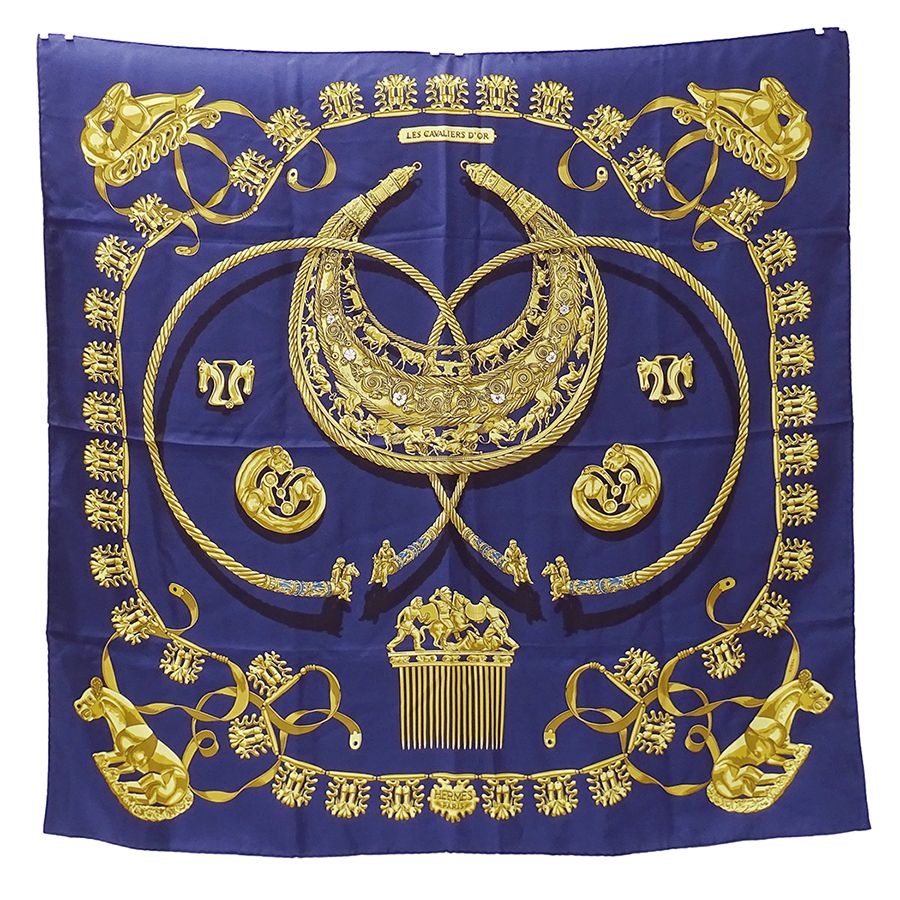 Hermes Scarf Carre 90 les Cavaliers D'or Yellow Golden Knight Silk Navy Large