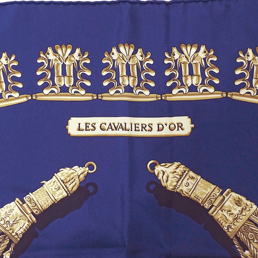 Hermes Scarf Carre 90 les Cavaliers D'or Yellow Golden Knight Silk Navy Large — view 3