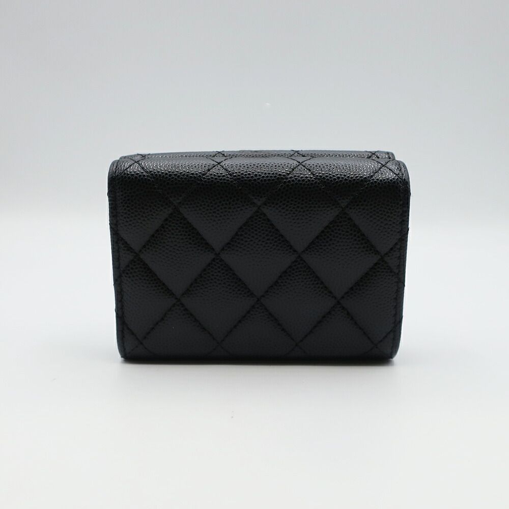 Chanel Small Flap Wallet Caviar Leather Trifold Black CC Logo Gold Safety Pin — view 2