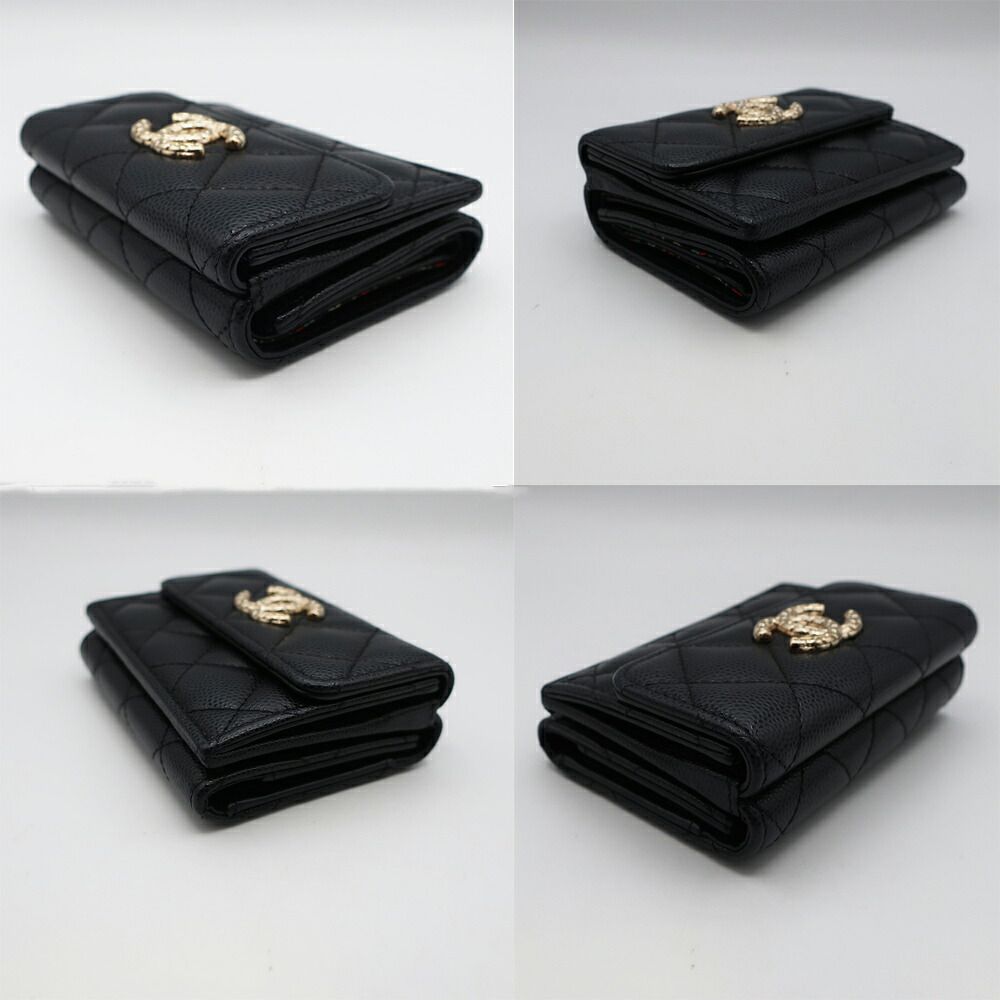 Chanel Small Flap Wallet Caviar Leather Trifold Black CC Logo Gold Safety Pin — view 4