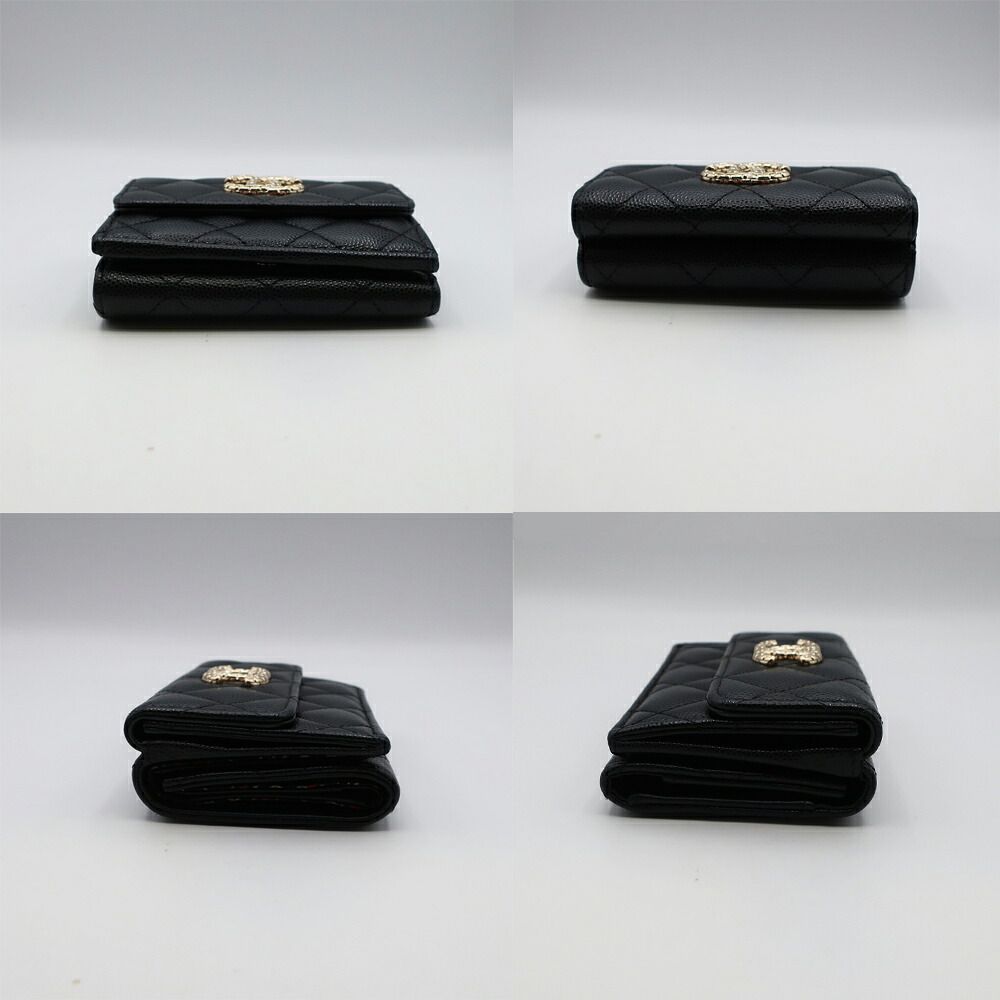 Chanel Small Flap Wallet Caviar Leather Trifold Black CC Logo Gold Safety Pin — view 3