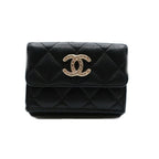 Chanel Small Flap Wallet Caviar Leather Trifold Black CC Logo Gold Safety Pin