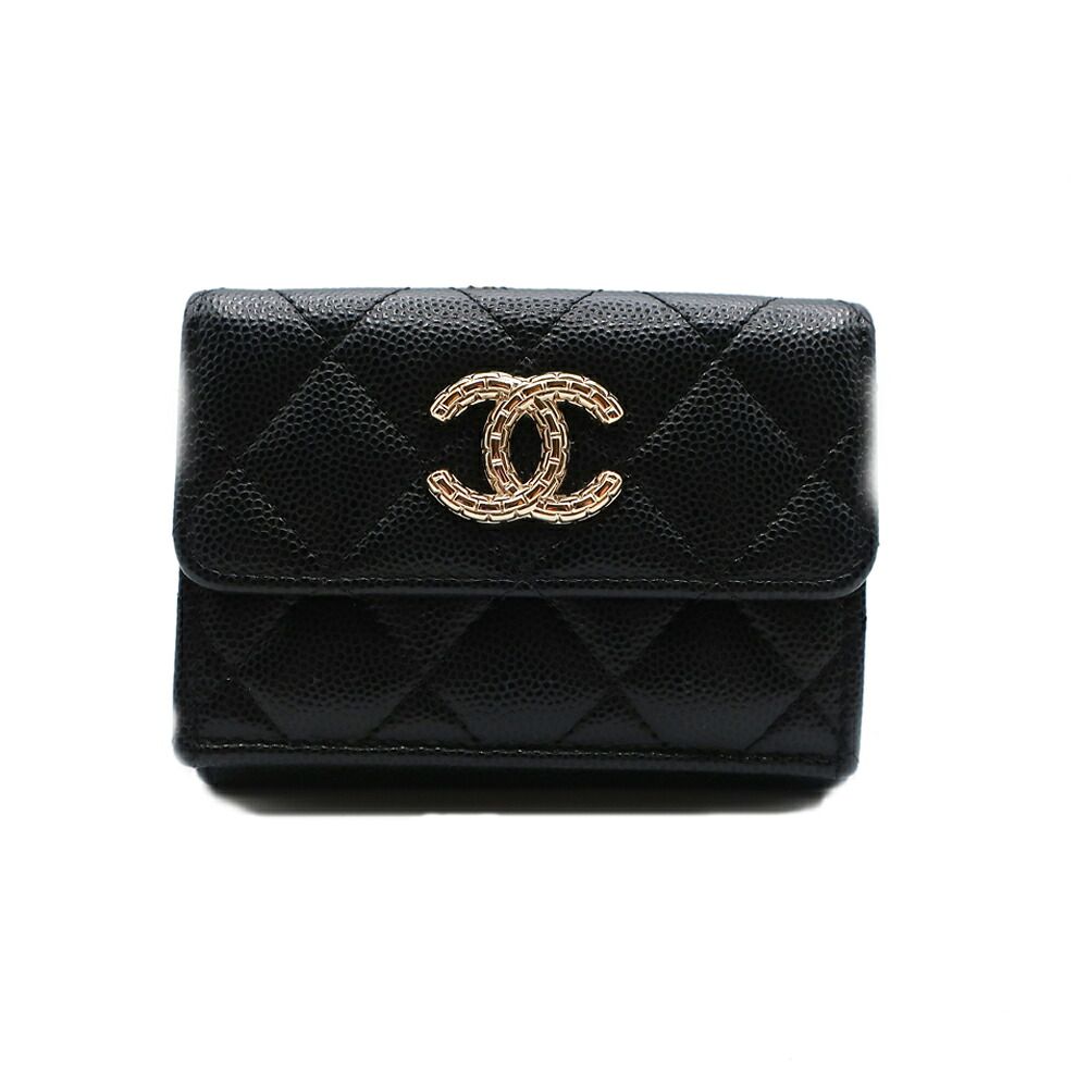 Chanel Small Flap Wallet Caviar Leather Trifold Black CC Logo Gold Safety Pin