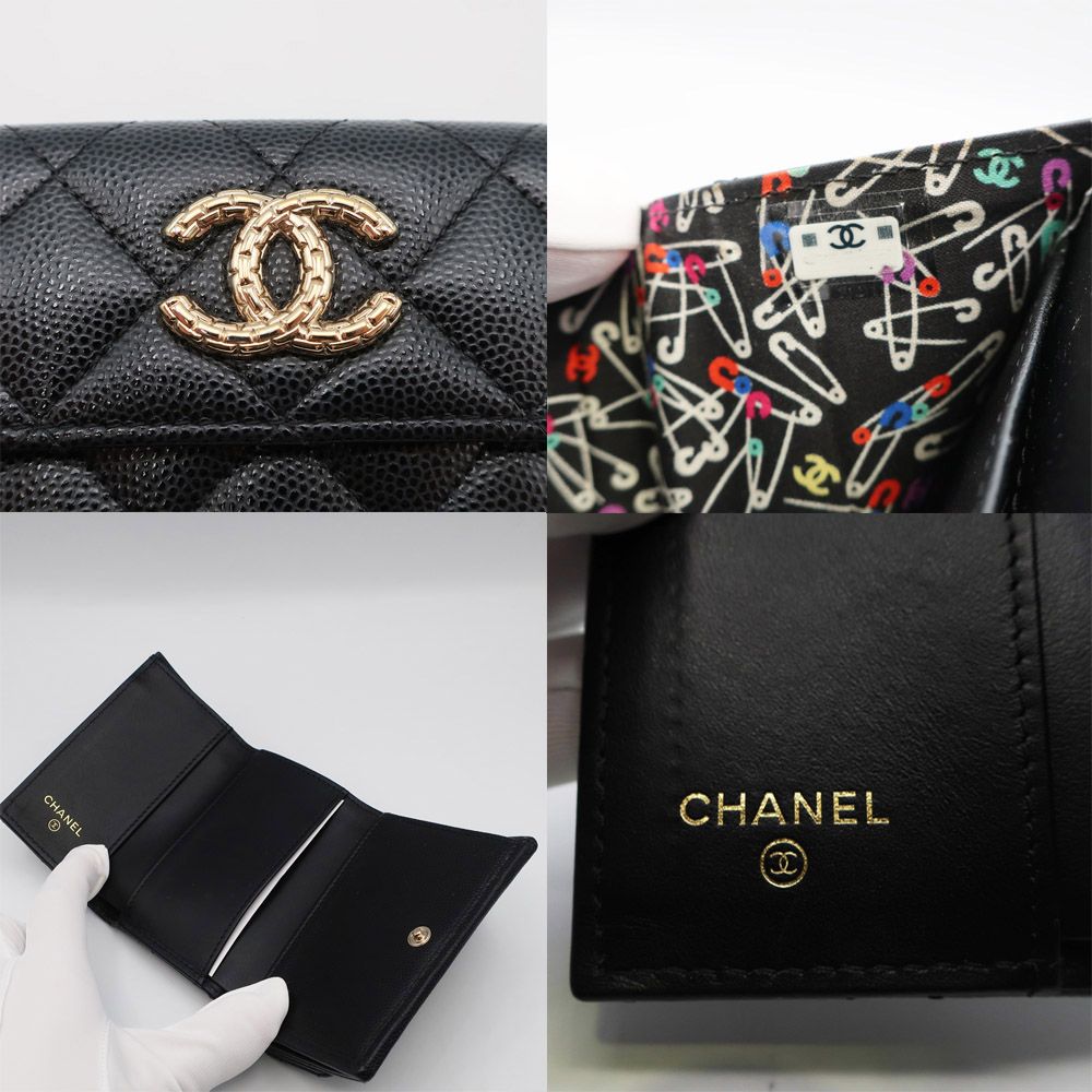 Chanel Small Flap Wallet Caviar Leather Trifold Black CC Logo Gold Safety Pin — view 6
