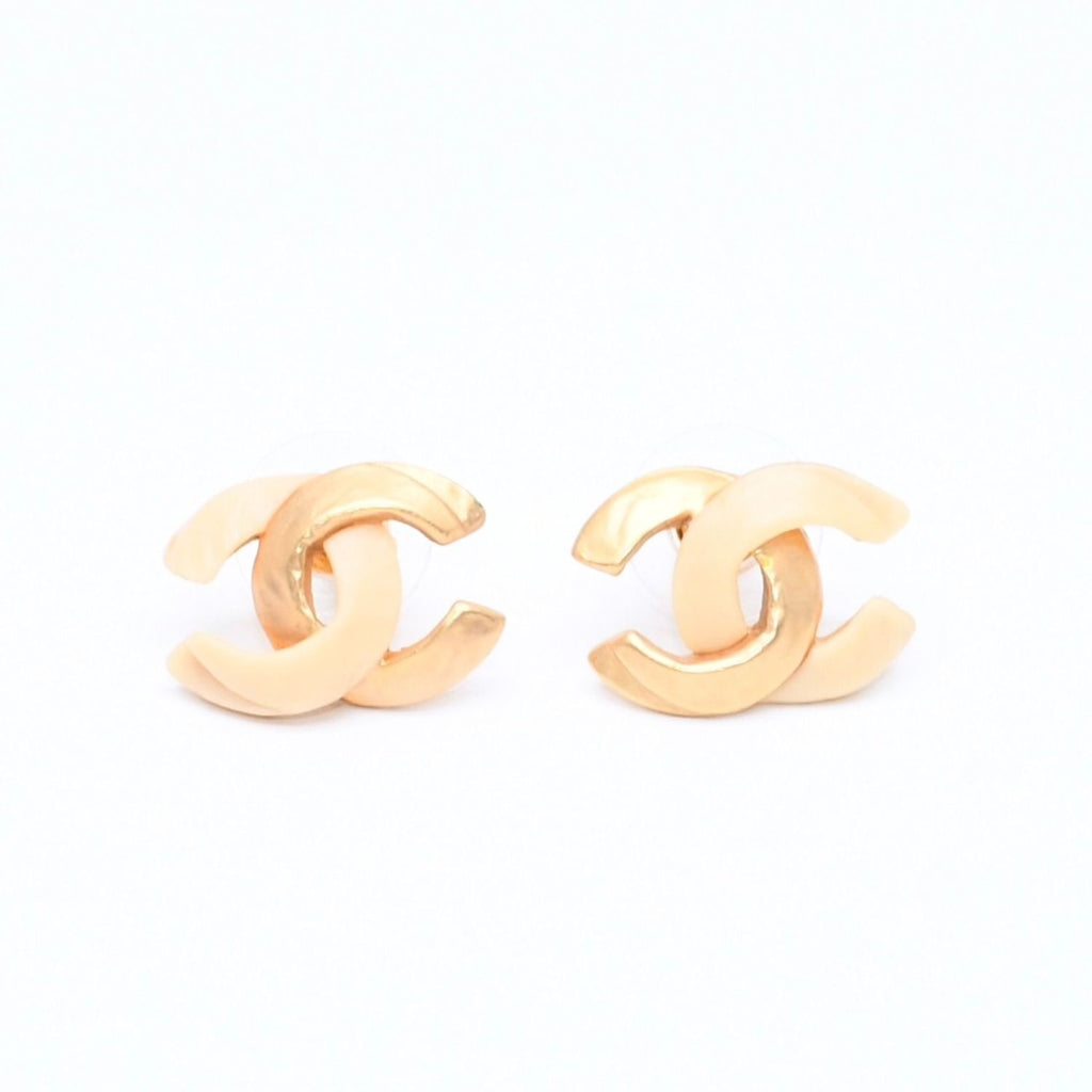 Chanel CC Logo Earrings Stamp Metal Gold Ivory