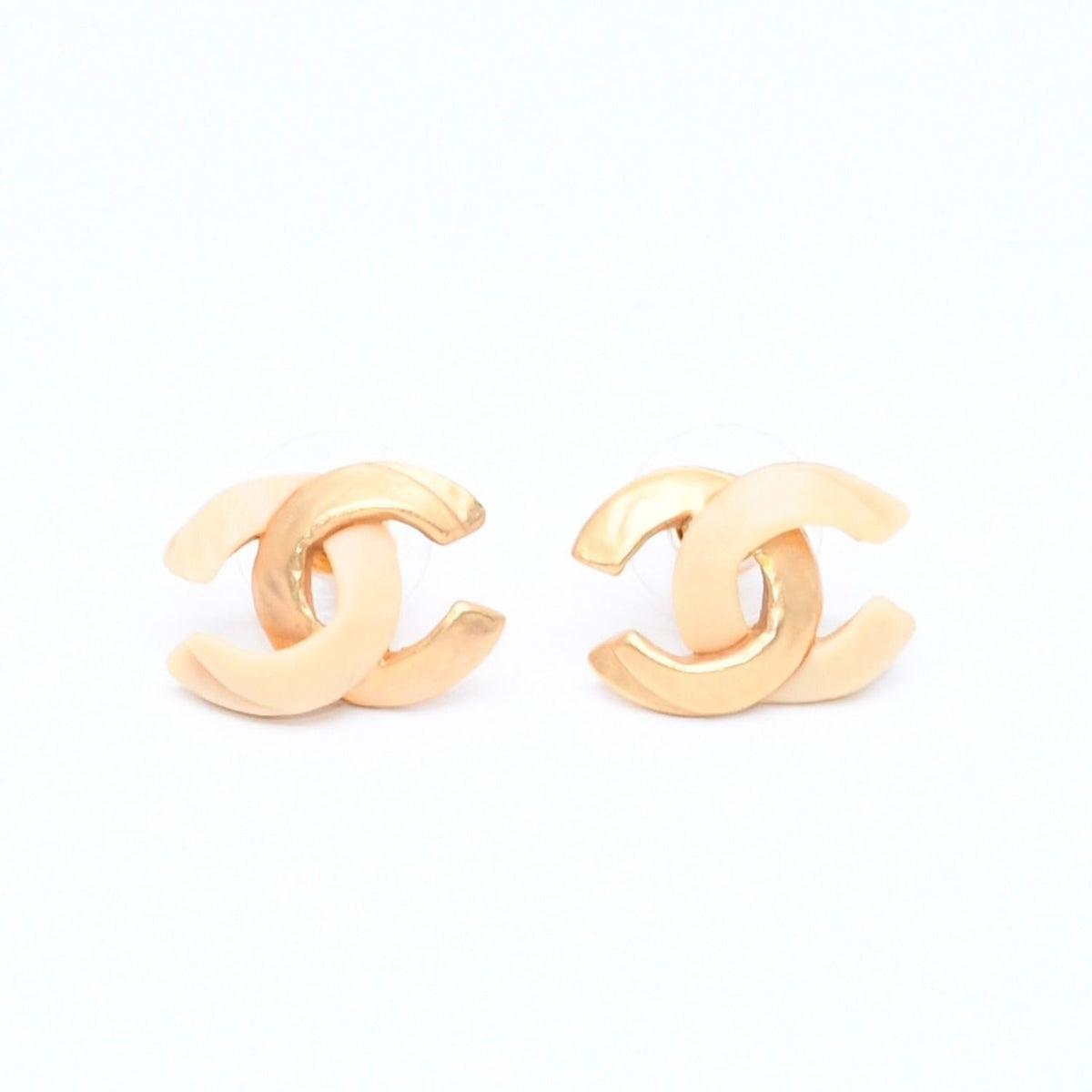 Chanel CC Logo Earrings Stamp Metal Gold Ivory