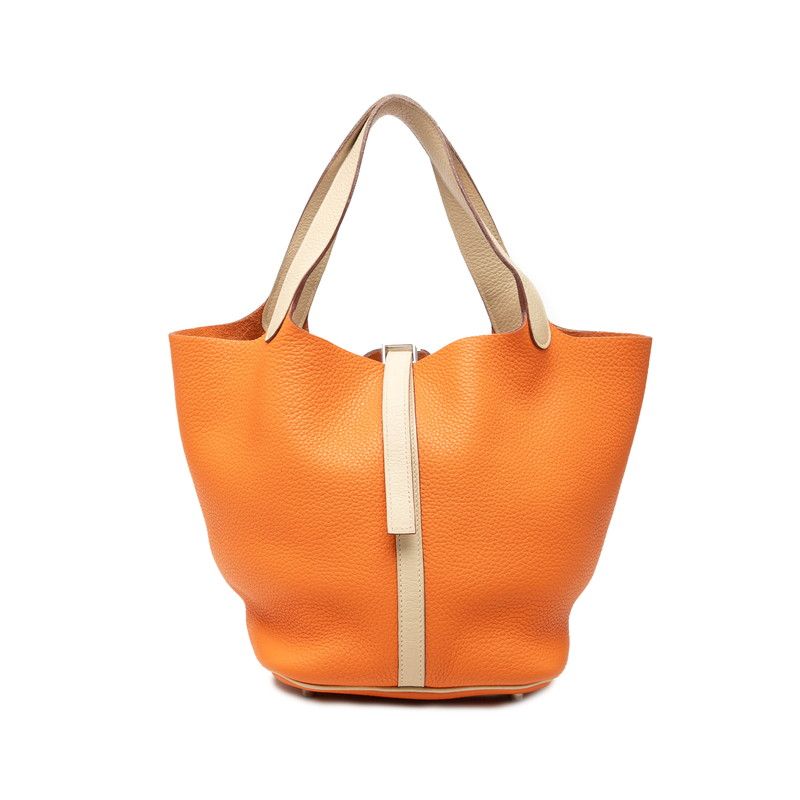 Hermes Picotin Lock MM Handbag Orange Ivory Silver Taurillon Clemence