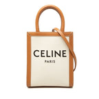 Celine Vertical Cabas Mini 2-Way Shoulder Bag White Brown Canvas Leather