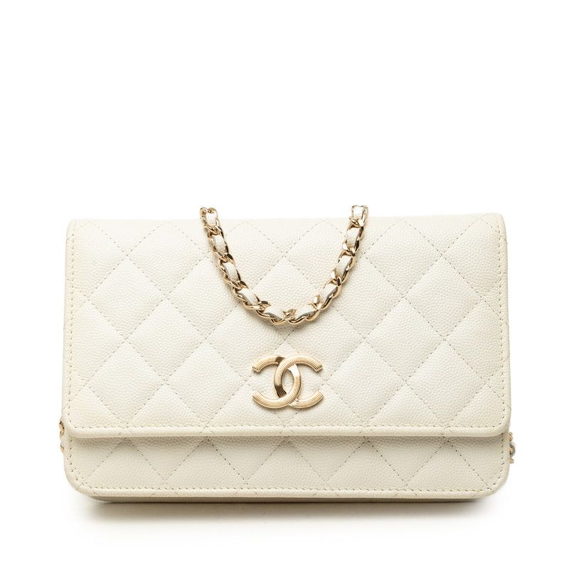 Chanel Quilted CC Logo Crossbody Chain Wallet Shoulder Bag White Caviar Leather