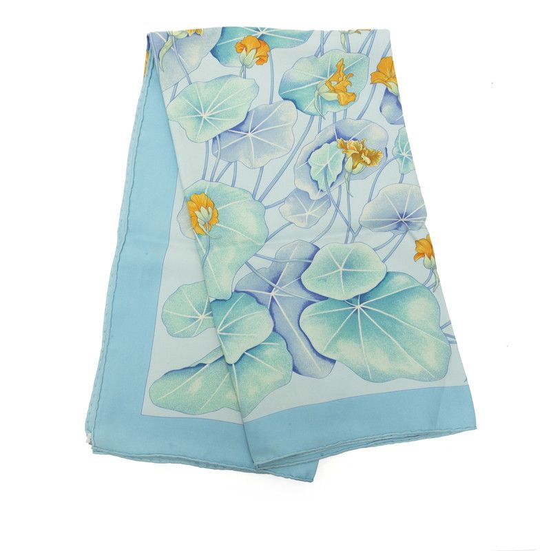 Hermes Carre 90 les Capucines Golden Lotus Scarf Light Blue Multicolor Silk — view 7