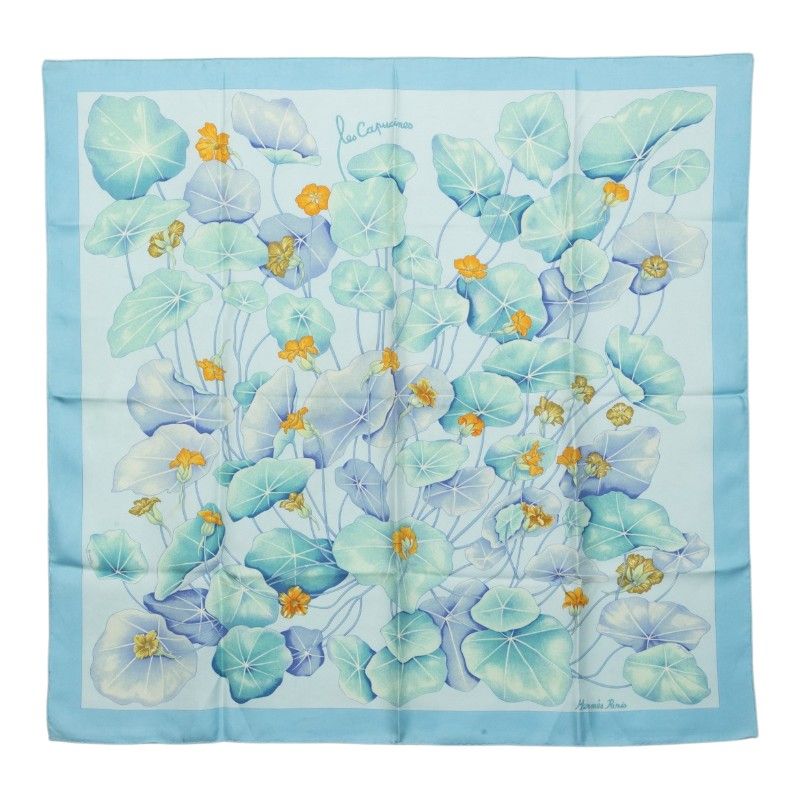 Hermes Carre 90 les Capucines Golden Lotus Scarf Light Blue Multicolor Silk