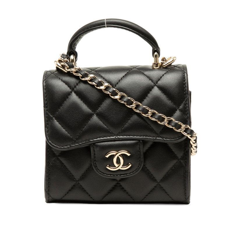 Chanel CC Logo Mini Quilted Chain Shoulder Bag Black Gold Lambskin