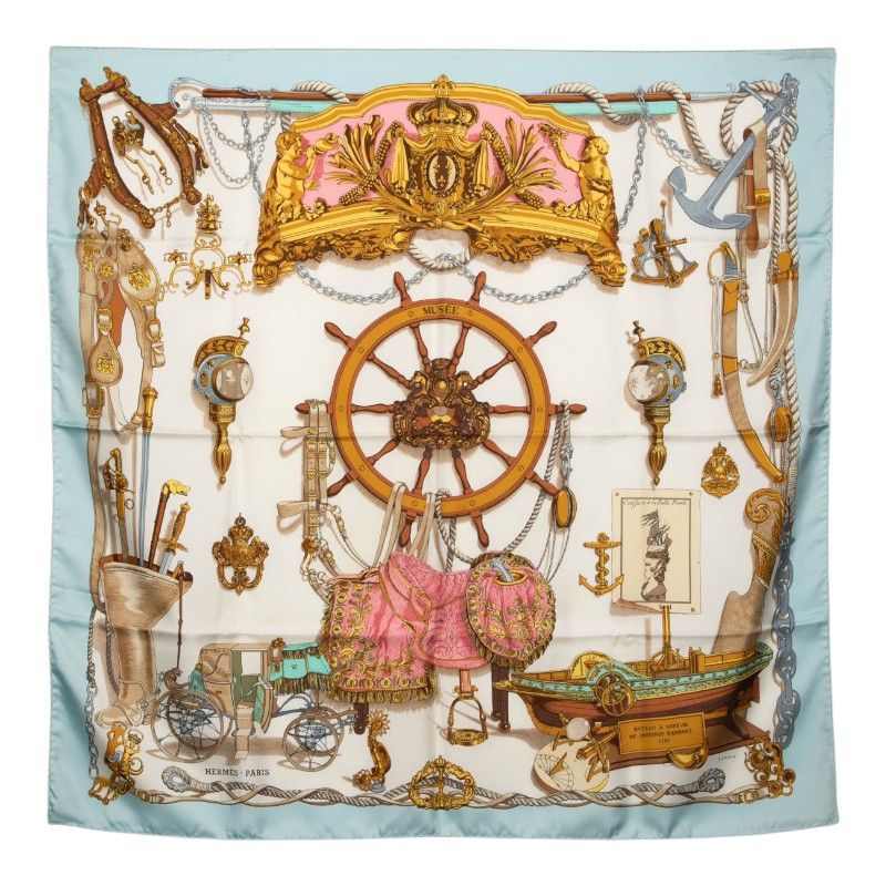 Hermes Carre 90 Musee Museum Scarf Light Blue Multicolor Silk