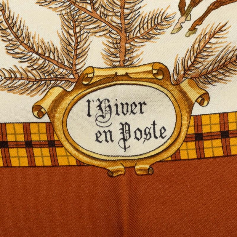 Hermes Carre 90 Winter Mail L'hiver en Poste Scarf Brown Silk — view 3