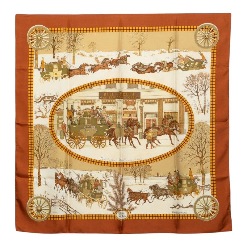 Hermes Carre 90 Winter Mail L'hiver en Poste Scarf Brown Silk