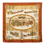 Hermes Carre 90 Winter Mail L'hiver en Poste Scarf Brown Silk