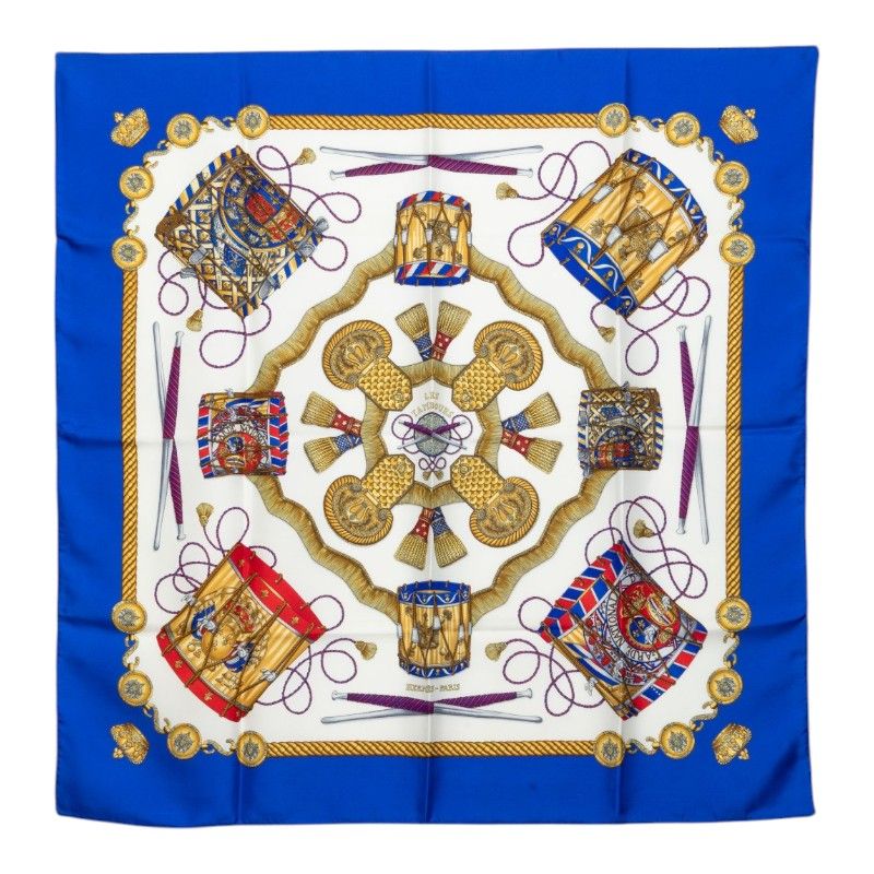 Hermes Carre 90 les Tambour Drum Scarf Blue Multicolor Silk