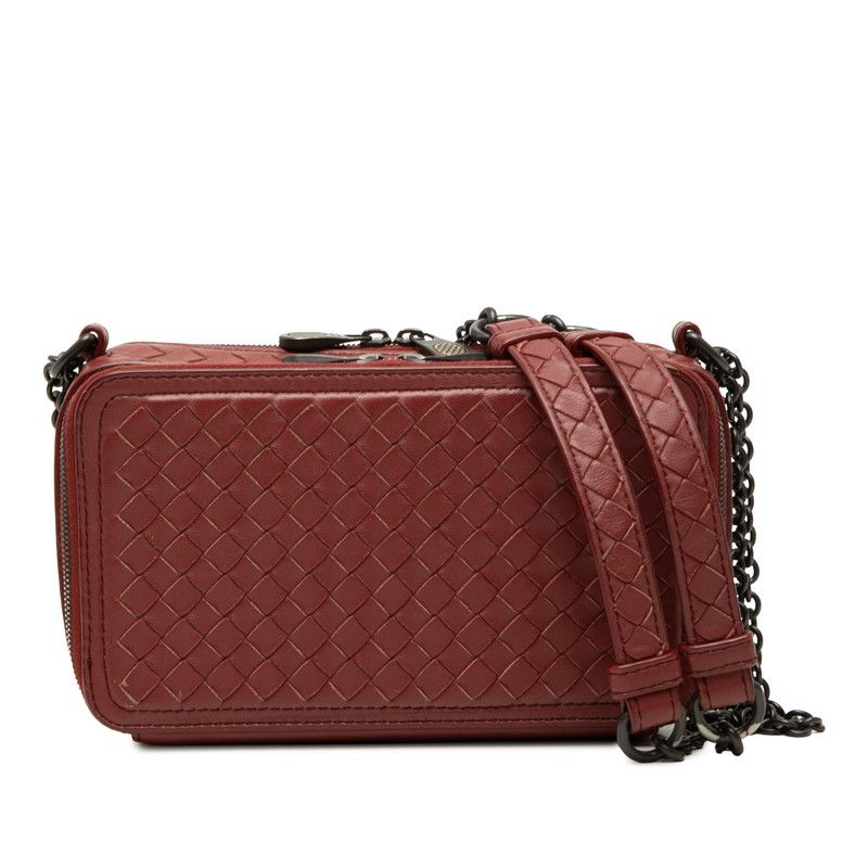 Bottega Veneta Intrecciato Chain Wallet Shoulder Bag Red Leather