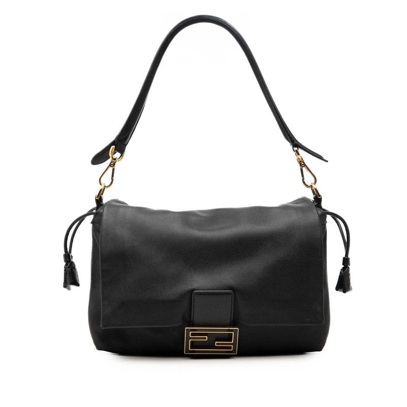 Fendi Mamma Bucket Medium FF Logo Bag Black Gold Leather