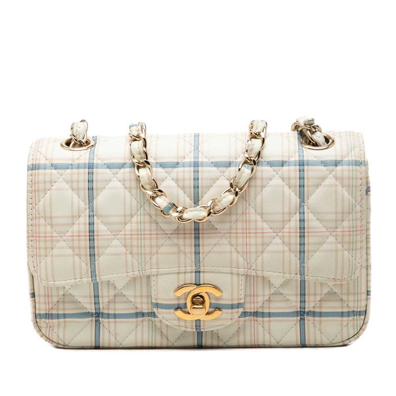 Chanel CC Logo Mini Quilted 20 Plaid Chain Shoulder Bag Ivory Gold Multicolor