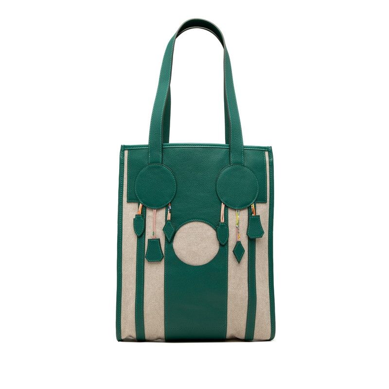 Hermes Petit H Dream Earrings Back Tote Shoulder Bag Green Beige Toile H Veau