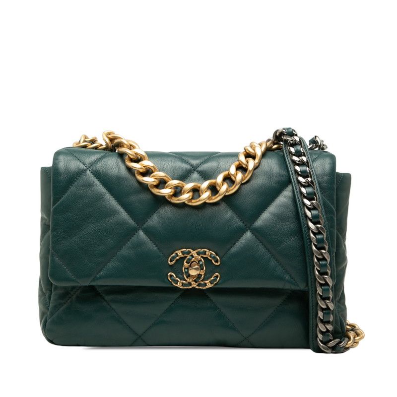 Chanel CC Logo Chanel 19 Dixneuf Quilted Chain Shoulder Bag Dark Green Gold