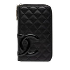 Chanel Cambon Line CC Logo Zip Around Wallet Black Silver Calfskin Patent