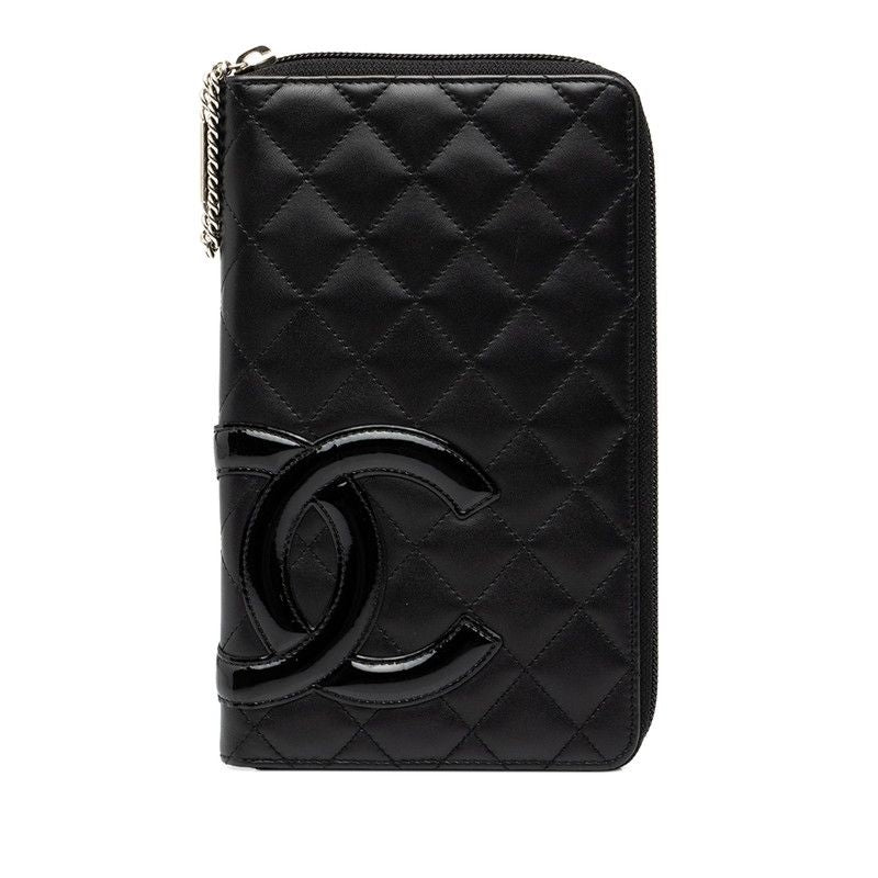 Chanel Cambon Line CC Logo Zip Around Wallet Black Silver Calfskin Patent