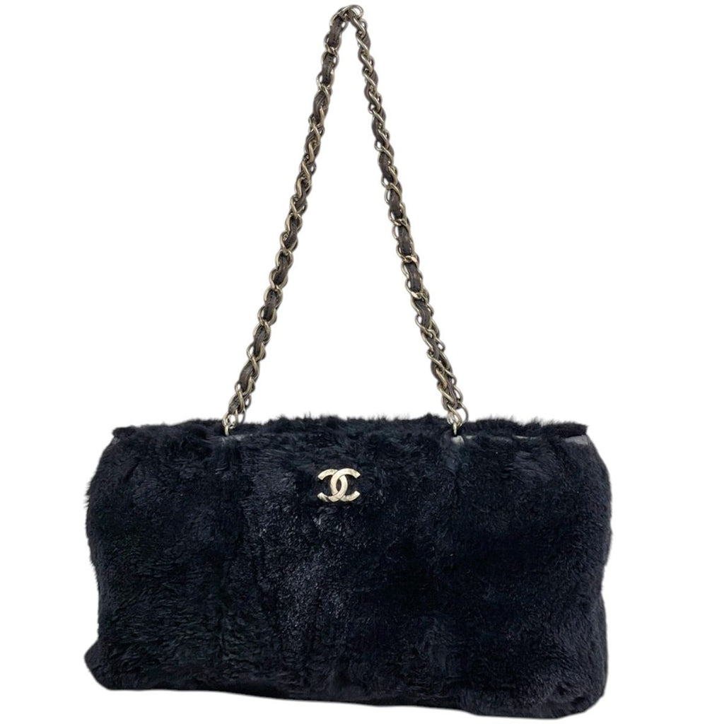 Chanel Shoulder Bag CC Logo Fur Black