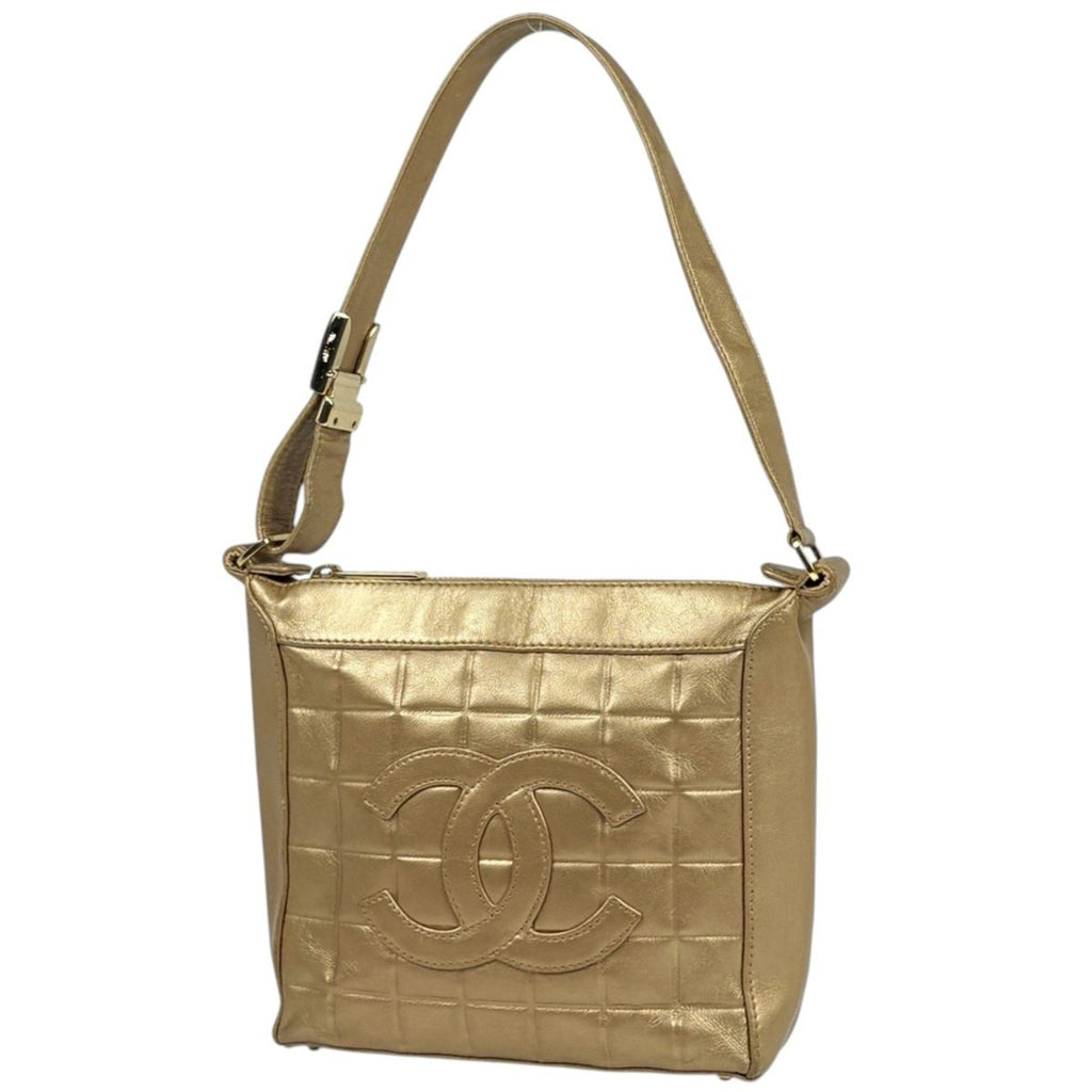 Chanel Shoulder Bag CC Logo Choco Bar Leather Gold